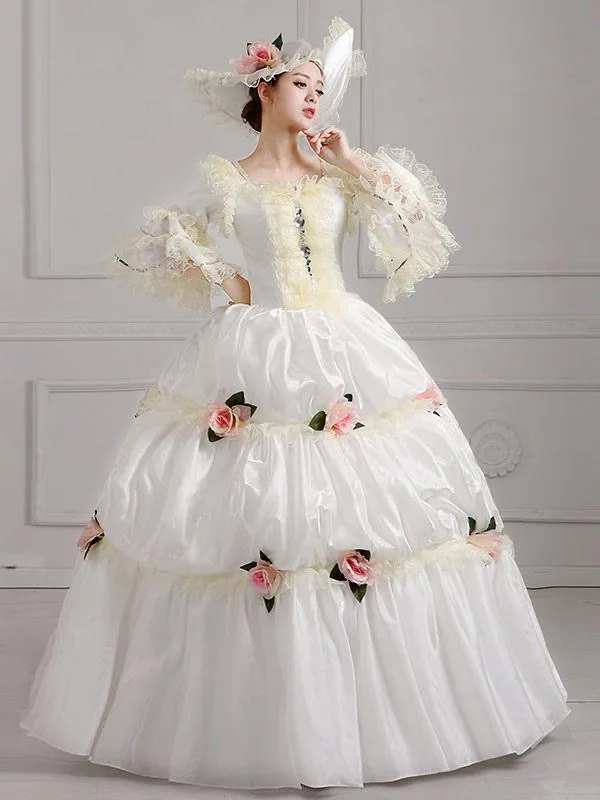 18th Century  Retro Tudor Dress Costumes  White Embroidered Marie Antoinette Polyester Headwear Dress Costume Set